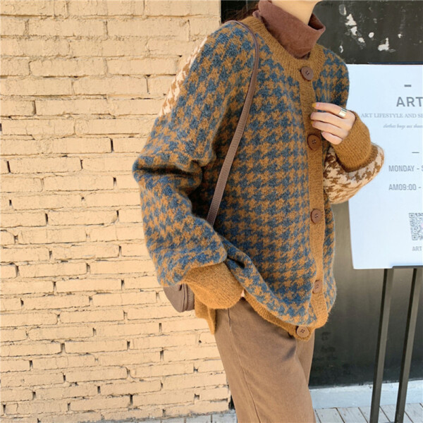 Product image for  Versatile Loose Houndstooth Cardigan Sweater Men's Clothing 5