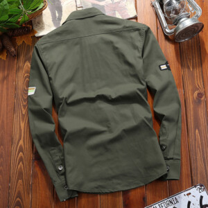 Product image for  Casual Pure Cotton Solid Color Military Long Sleeve Top Shirt Men's Clothing 10