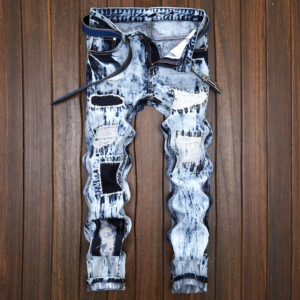 Product image for  Light-Colored Jeans Men’S European And American Embroidered Hole Patch Color Matching Trendy Pants Straight-Leg Jeans Men's Clothing 15