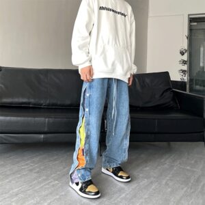 Product image for  Cashew Flower Stitching Breasted Washed Jeans Loose Casual Drawstring Straight Trousers For Men And Women Men's Clothing 11