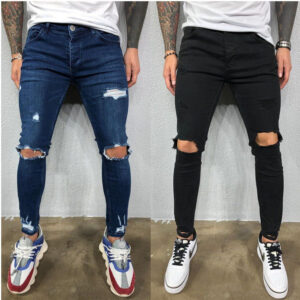 Product image for  Men Jeans Black Blue Cool Skinny Knee Hole Ripped Stretch Slim Elastic Denim Pants Solid Color High Street Style Trousers Man Men's Clothing 11