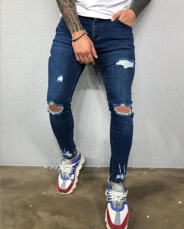 Product image for  Men Jeans Black Blue Cool Skinny Knee Hole Ripped Stretch Slim Elastic Denim Pants Solid Color High Street Style Trousers Man Men's Clothing 5