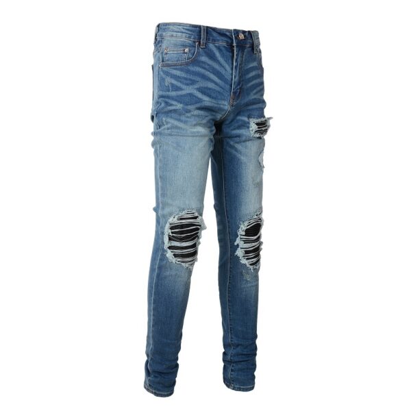 Product image for  Patched Leather Pleats And Patchwork For Old Washed Light Colored Jeans For Men Men's Clothing 6