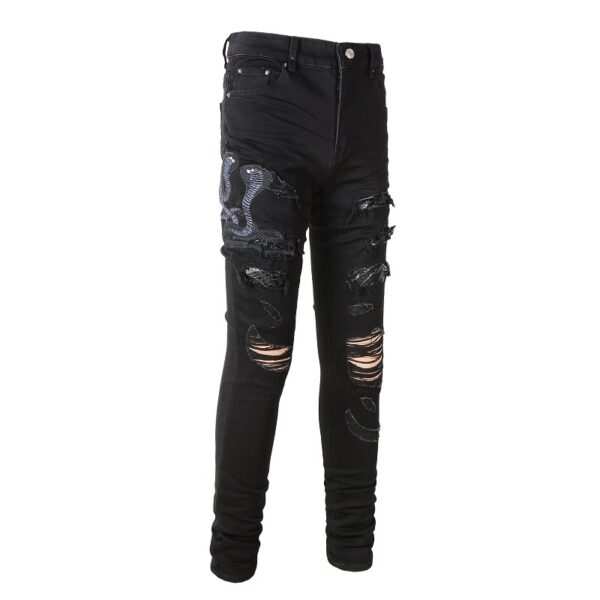 Product image for  Broken Three Headed Snake Embroidery Patchwork Jeans For Men Men's Clothing 5