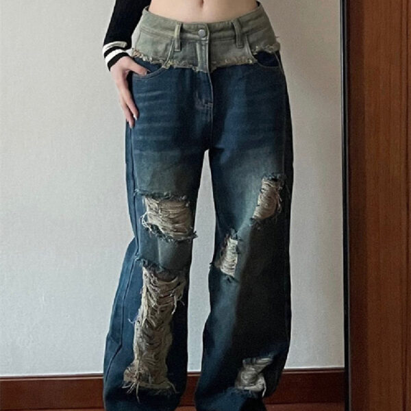 Product image for  Splice Design Hiphop High Street Vintage Ripped Jeans For Women Men's Clothing 4