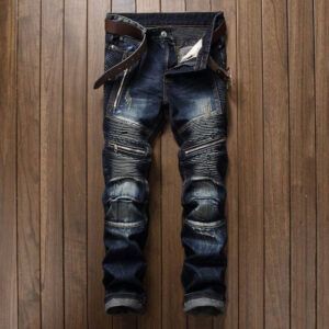 Product image for  Men’s Jeans Fashion Snowflake Fold Slim Fit Motorcycle Small Straight Trousers Men's Clothing 12