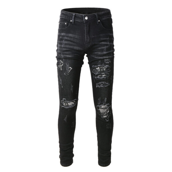 Product image for  Men’s Black Paisley Printed Patch Ripped Jeans Men's Clothing 6