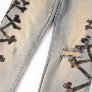 Product image for  Men’s Fashion Holes Bone Pattern Leather Stretch Skinny Jeans Men's Clothing 12