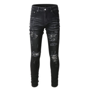 Product image for  Men’s Black Paisley Printed Patch Ripped Jeans Men's Clothing 23