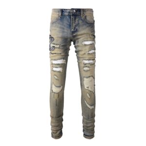 Product image for  Three Headed Snake Embroidery With Torn Holes, Patchwork Leather, Distressed Stretch Slim Fitting Light Colored Jeans Men's Clothing 12
