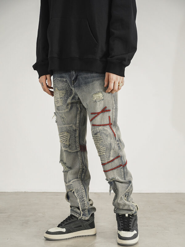 Product image for  Patched Red Line Straight-leg Jeans Men's Clothing 7