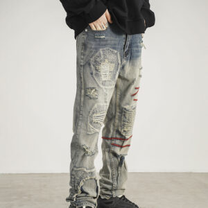 Product image for  Patched Red Line Straight-leg Jeans Men's Clothing 11