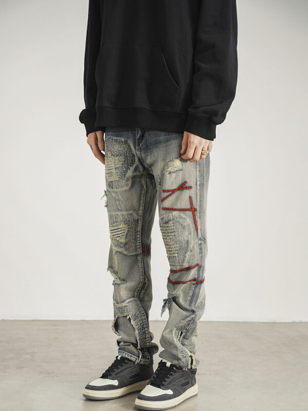 Product image for  Patched Red Line Straight-leg Jeans Men's Clothing 5