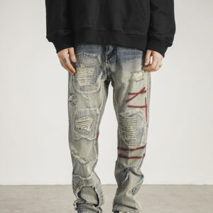 Product image for  Patched Red Line Straight-leg Jeans Men's Clothing 9