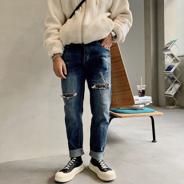 Product image for  New Jeans Men’s Slim Fit Old Retro Patch Trend Youth Straight Trousers Men's Clothing 4