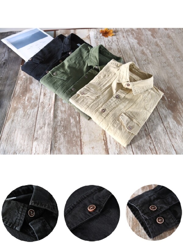 Product image for  Pure Cotton Long-sleeved Shirt Korean Casual Slim Army Green Shirt Men Men's Clothing 8