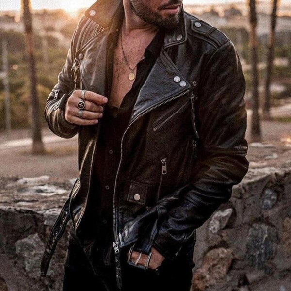 Product image for  Straight hem casual zipper handsome lapel leather jacket Men's Clothing 5