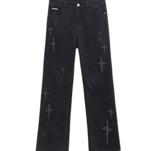 Product image for  Patch Cross Star Washed American High Street Jeans Men’s Loose Straight Embroidered Pants Men Men's Clothing 21