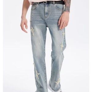 Product image for  Patch Cross Star Washed American High Street Jeans Men’s Loose Straight Embroidered Pants Men Men's Clothing 17