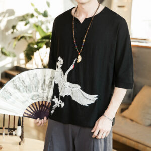 Product image for  Chinese style summer new men’s cotton and linen crane embroidery short-sleeved T-shirt casual large size Tang suit T-shirt male Men's Clothing 12