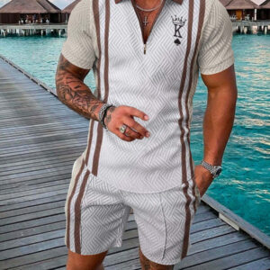 Product image for  Men’s Summer Fashion 3D Printed Short Sleeve Geometric Zip Lapel Shirt Set Men's Clothing 7