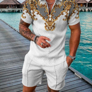 Product image for  Men’s Summer Fashion 3D Printed Short Sleeve Geometric Zip Lapel Shirt Set Men's Clothing 7